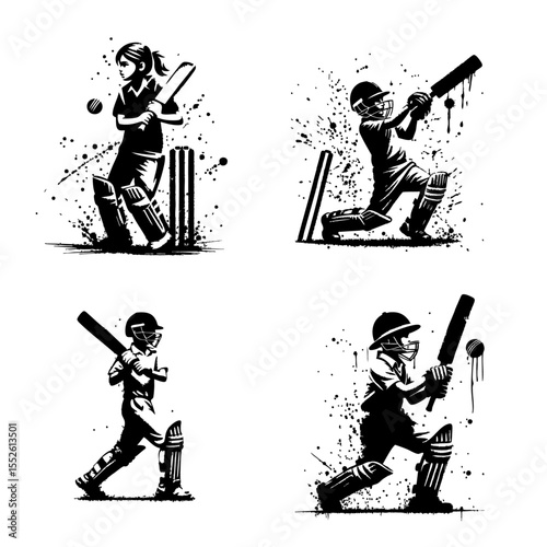 Cricket Kids player Silhouette Grunge Splatter and Dripping Spray Effects photo