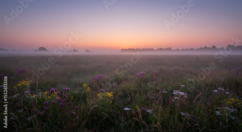 Field with wildflowers and fog at sunrise with pink and purple sky.