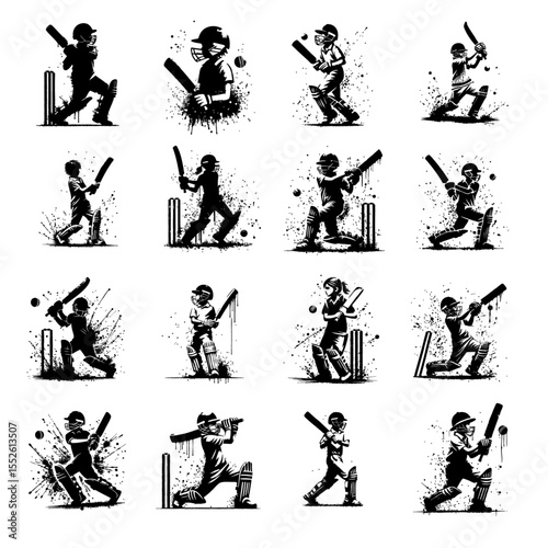 Cricket Kids player Silhouette Grunge Splatter and Dripping Spray Effects photo