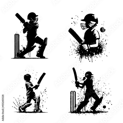 Cricket Kids player Silhouette Grunge Splatter and Dripping Spray Effects photo