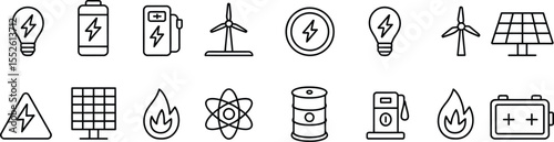 Set of Renewable Energy Icons Including Wind Turbine, Solar Panels, Batteries, and Energy Sources