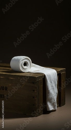  white bandages on a coffin, styled with clean and modern visuals, no text, soft lighting, unusual camera angles, for historical content or wartime advertising