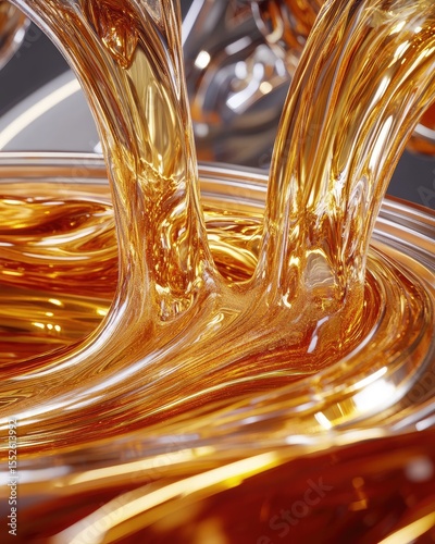 Amber liquid flows in dynamic curves, creating swirling, glossy patterns and reflections