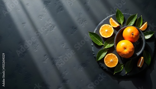 A bowl of oranges with leaves on a dark textured surface, casting shadows on the surface