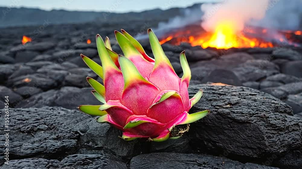 Vibrant dragon fruit resting on volcanic rocks with an erupting lava background at dusk