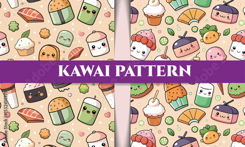 Adorable Kawaii Food Patterns Seamless Cute Sushi, Desserts & Drinks Designs