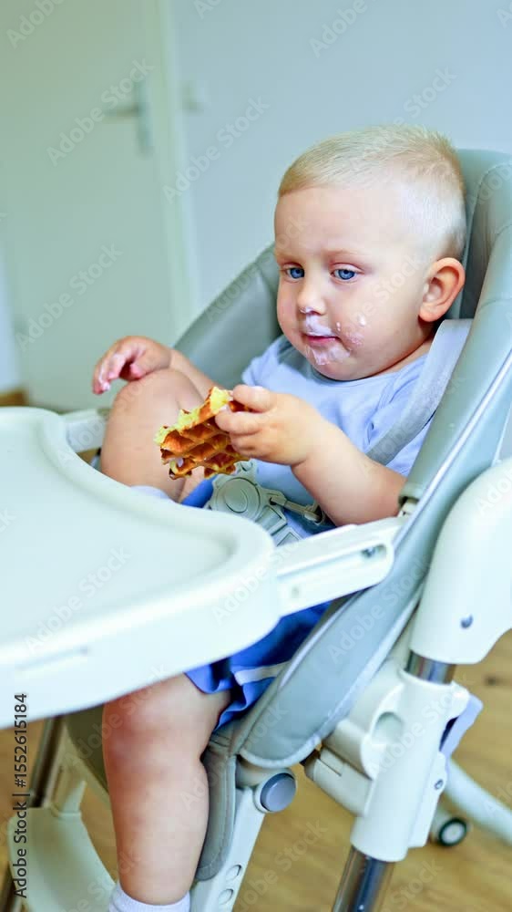 Cute baby sitting and eating homemade Belgian waffles. Child eating homemade fresh pastries. Sweet cakes for a child. Baking from natural ingredients for children. Cute baby sitting and eating homemade Belgian waffles. Child eating homemade fresh pastries. Sweet cakes for a child. Baking from natural ingredients for children.