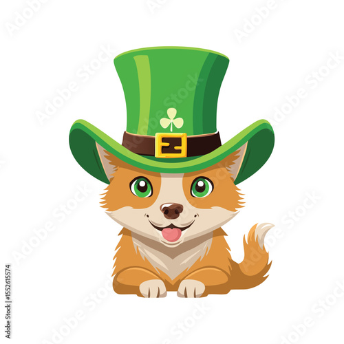 Simple Illustration Cute Cat or Dog Wearing a Leprechaun Hat