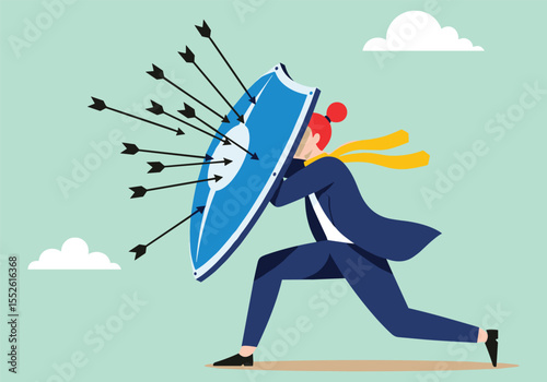 Red 3D cartoon illustration of a business person running on a road to success, with a woman on the beach, as an icon concept