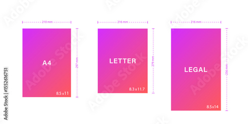 Legal Yellow Paper size. Notebook sheet formats. Legal, letter, A4. Comparison of papers isolated on white background. Vector illustration in flat style.