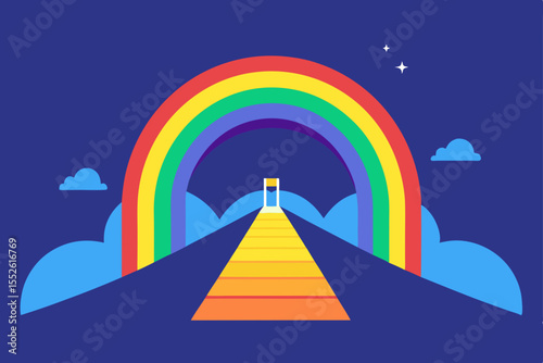 Rainbow Archway: A vibrant and colorful graphic illustration of a rainbow archway, symbolizing hope, inclusivity, and a bright future. 