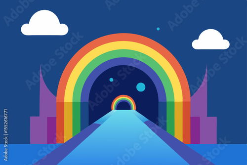 Rainbow Archway: A vibrant and colorful graphic illustration of a rainbow archway, symbolizing hope, inclusivity, and a bright future. 
