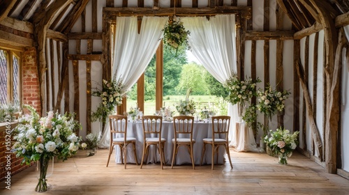 Elegant wedding setup rustic barn event decor natural light indoor floral arrangement