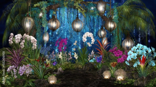 Enchanting floral display with lanterns lush garden digital art nighttime serenity aesthetic beauty