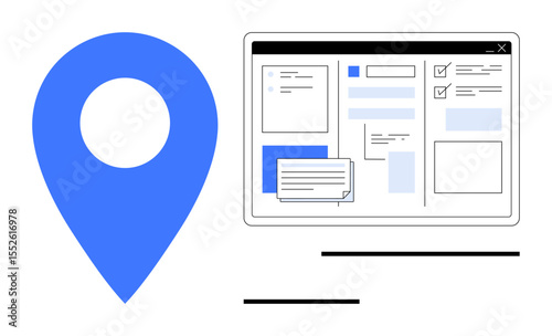 Blue map marker beside a web interface with forms and text boxes. Ideal for navigation, geolocation, digital tools, online forms, location services, UX design, simple flat metaphor