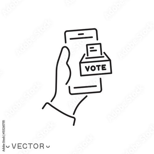 online voting icon, electronic voting or elections, phone with ballot box concept, thin line symbol isolated on white background, editable stroke eps 10 vector illustration