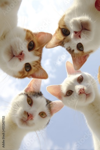 Curious cats gather around outdoors animal photography sunny sky worm's eye view feline curiosity