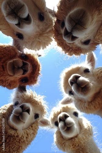 Playful alpacas gather under bright sky outdoor farm setting animal portraits upward perspective fun vibe