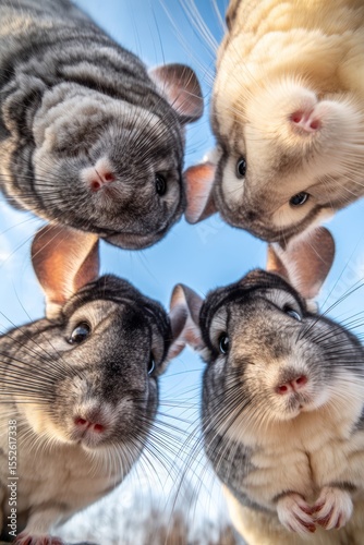 Curious chinchillas exploring nature outdoor habitat animal photography vibrant sky close-up perspective