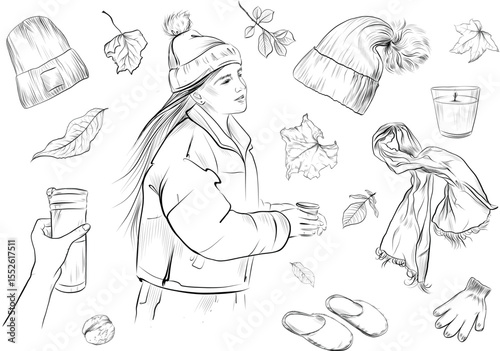  Big set of autumn girl accessories and seasonal clothes vector