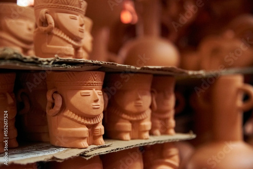 Decorative ceramic pots with a pre-Columbian design, displayed for sale in Raquira, Colombia, a tourist town known for its pottery.
