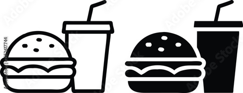 Flat Design Fast Food Icon – Burger with Steam and Soda Cup Silhouette on White Background