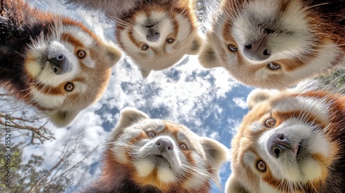 Curious red pandas gathering in nature wildlife photography forest environment low angle view animal behavior