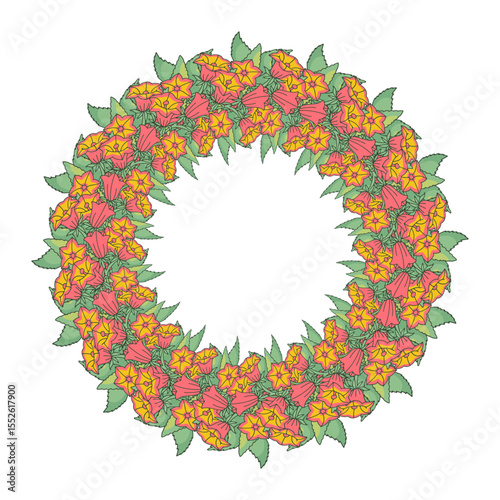 Hand drawn line art canary islands flowers bellflower wreath. Card template with cute floral frame. Botanical vector illustration isolated on white.