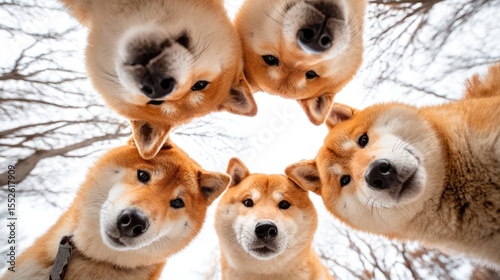 Playful shiba inu dogs outdoor setting animal photography winter environment top-down view canine companionship