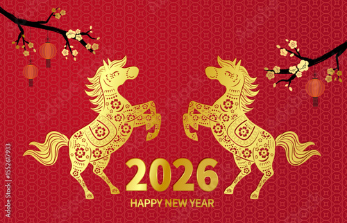 2026 Year of the Horse Horizontal Greeting Card with Horse, Plum Blossoms, and Lantern Motifs Horizontal