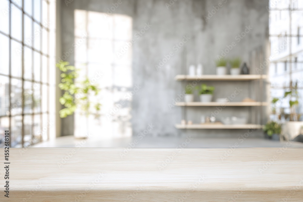 Empty light wood table in a bright loft apartment with concrete walls and large windows Empty light wood table in a bright loft apartment with concrete walls and large windows