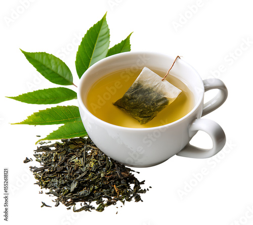 A cup of green tea with a tea bag, isolated on a transparent background.