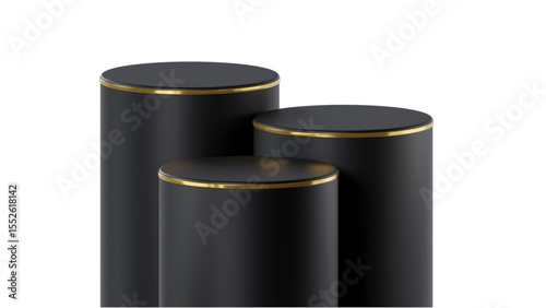 Elegant black cylindrical display pedestals with golden rims, arranged in varying heights, perfect for luxury product showcases or sophisticated exhibits on a Transparent Background.

