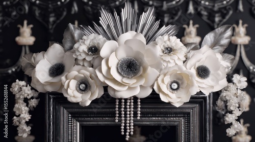 Elegant floral arrangement display in black and white home decor interior design artistic setting close-up view