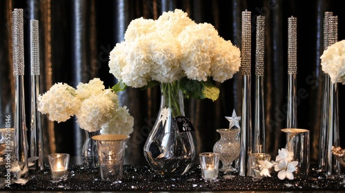 Elegant floral arrangement display event venue decorative centerpieces glamorous environment close-up view celebration concept