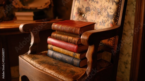 Reading inspiration vintage books stacked on an antique chair cozy home environment close-up perspective