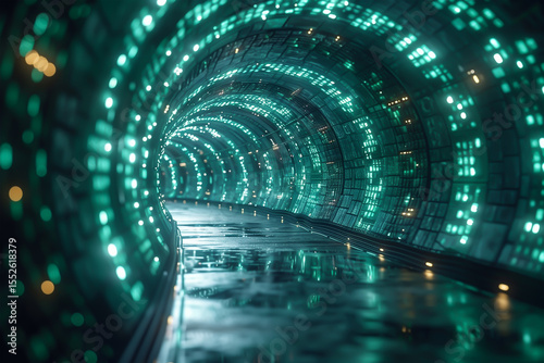 Dark abstract tunnel with glowing green uptrend graph inside