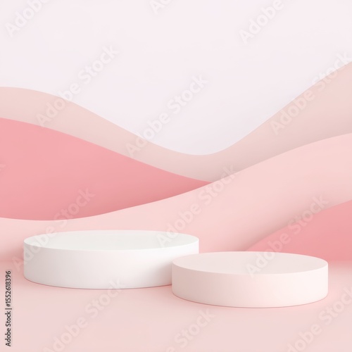 Minimalist pink and white abstract background with two round podiums for product display