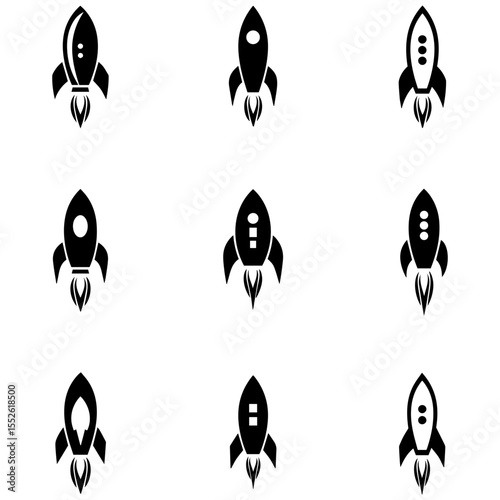 A detailed assortment of aerospace engineering silhouettes, including launch systems and orbital vehicles
