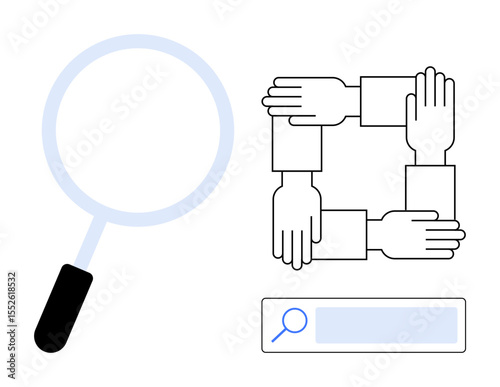 Magnifying glass, interlocked hands forming a square, and search bar signify team collaboration, research, problem-solving, and exploration. Ideal for teamwork, research, trust solutions user