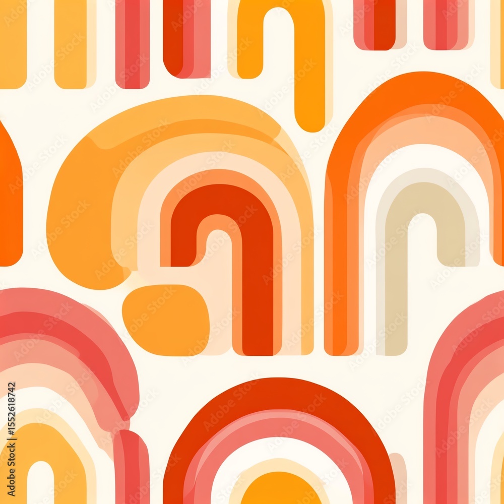 Obraz premium repeating pattern of abstract arches and rainbows, 70s retro palette with faded coral, rust, and cream, vector flat design