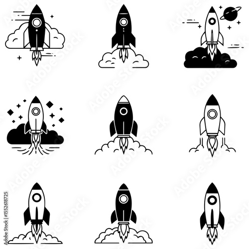 Set of variety of rocket logotypes and emblems for startups, aerospace firms, and tech ventures