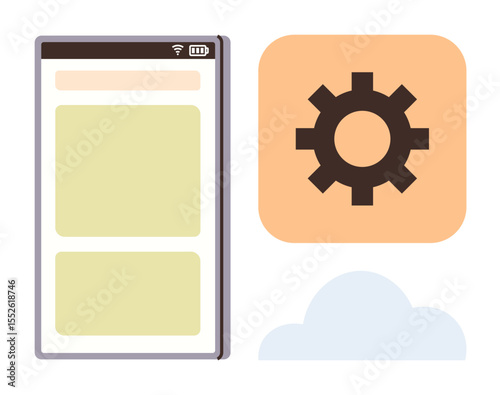 Smartphone interface design alongside a gear icon symbolizing settings and a cloud graphic. Ideal for technology, app design, cloud computing, development, user experience, software tools, simple