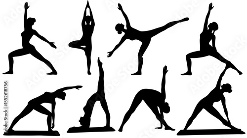 Silhouettes of women in various yoga poses demonstrating flexibility and balance on a white background