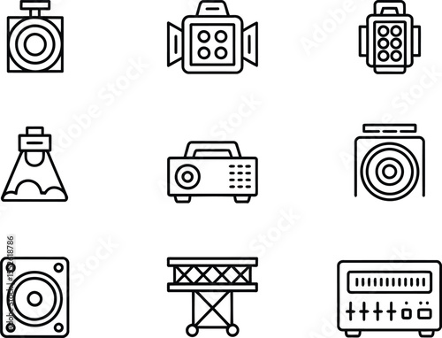 Set of Sound and Lighting Equipment Icons Including Speakers, Projectors, and Stage Gear