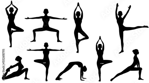 Silhouette representations of women performing various yoga poses in a black and white image format