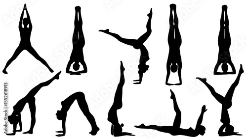 Silhouette depictions of women in various yoga poses showcasing flexibility and balance exercises for health