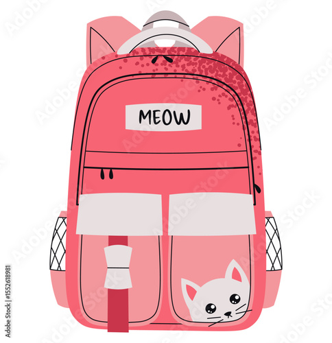Pink Kids School Backpack with Cute Cat, Flat Design for Kindergarten, Preschool and Elementary. Back to School. Bag Illustration Perfect for Childish Products, Educational Materials, Parenting Blogs