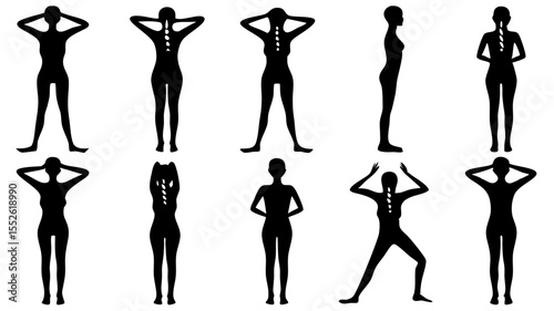 Silhouettes of women in various stretching poses demonstrating flexibility and body awareness exercise routine