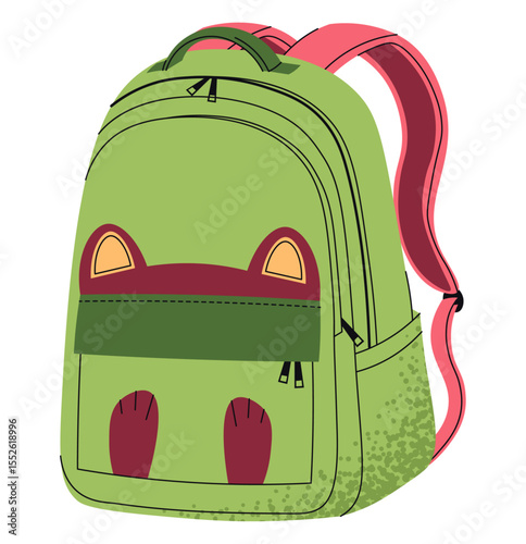 Green Kids Backpack with Animal Ears, Flat Design Illustration for School and Kindergarten. Cute Cartoon Animal Bag on White Background. Perfect for Children's Products, Educational Materials